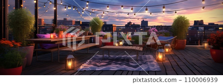 Terrace with sofa and lights and table lamps 110006939