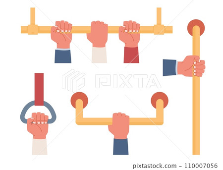 Set of human hands on handrails in public transportation. Hanging yellow horizontal and vertical handle. Ceiling bracket. Metro, train or bus grip for characters. Cartoon vector illustration 110007056