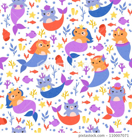 Seamless pattern with mermaid cats. Little funny kittens with fish tails. underwater magic cute characters. Decor textile, wrapping paper, wallpaper design. Childish print vector concept 110007071