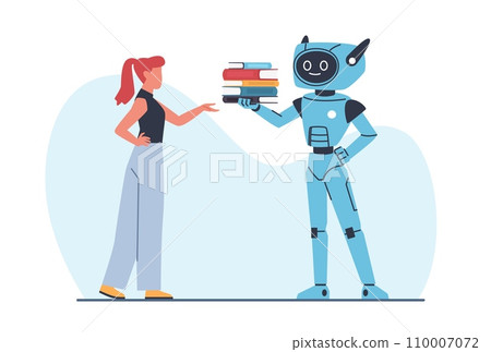 Robot holds out stack of books to girl. Artificial intelligence chooses literature. Learning process. Education technology, automation algorithm cartoon flat isolated vector concept 110007072