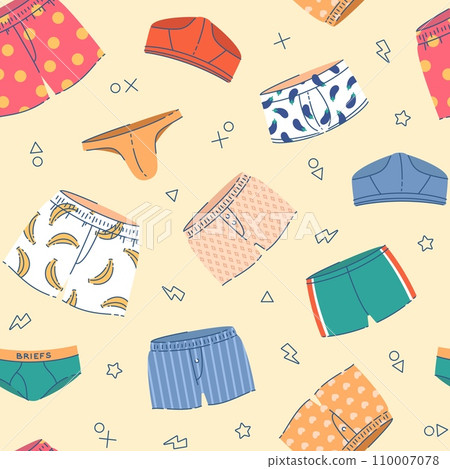 Men underwear seamless pattern. Male panties, different types, boxers, trunks and briefs with ornaments, repeated elements. Decor textile, wrapping paper. Vector background Men underwear seamless pattern. Male panties, different types, boxers, trunks and briefs with ornaments, repeated elements. Decor textile, wrapping paper. Vector background 110007078