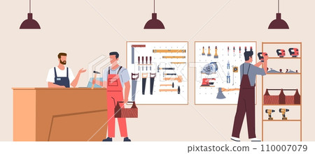 Men buy different tools at tool store. Hardware store. Assortment of hand instruments. Salesman and craftsman. Characters buying construction equipment. Cartoon isolated vector concept Men buy different tools at tool store. Hardware store. Assortment of hand instruments. Salesman and craftsman. Characters buying construction equipment. Cartoon isolated vector concept 110007079