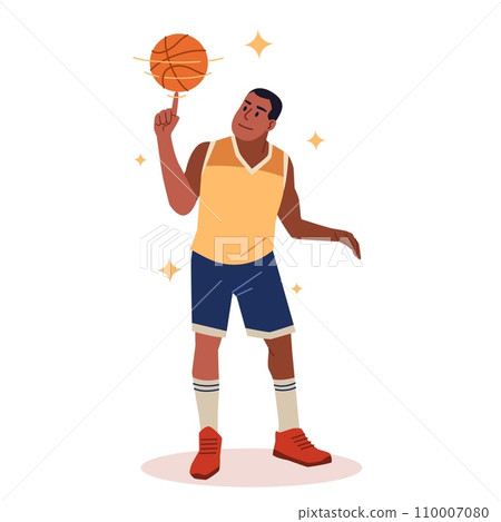 Man basketball player, spinning ball on his finger. Professional male athlete in shorts and t-shirt. Sportsman training, active position. Cartoon flat style isolated vector concept 110007080