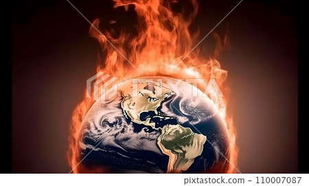 Illustration of the earth world globe on fire or burning increasing the temperature. Climate change, burning earth global warming concept. 110007087
