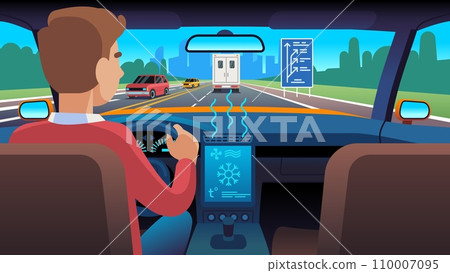 Male driver turns on cars auto air conditioner. Man sitting in automobile back view, cold or warm air waves, climate control in transport, electrical equipment. Cartoon flat vector concept Male driver turns on cars auto air conditioner. Man sitting in automobile back view, cold or warm air waves, climate control in transport, electrical equipment. Cartoon flat vector concept 110007095