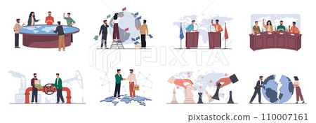 Geopolitics people. Global politics, negotiations, meetings, presidential candidates debates, election and governance, male and female politics, cartoon flat illustration. Nowaday vector set 110007161