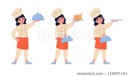 Cook with empty serving tray and roasted chicken. Cute girl in chef costume holding plate with dinner. Teen in hat and apron. Restaurant and cafe staff. Cartoon flat isolated vector concept Cook with empty serving tray and roasted chicken. Cute girl in chef costume holding plate with dinner. Teen in hat and apron. Restaurant and cafe staff. Cartoon flat isolated vector concept 110007193