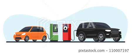 Comparison of electric car with gasoline car. Vehicle charging station. Fossil automobile refueling petrol. Green transport. Automotive technology and eco energy. cartoon flat vector concept 110007197