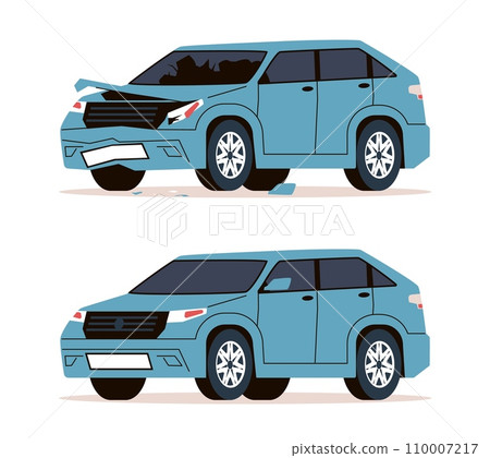 Car before and after accident. New and broken auto bumper. Transport repair maintenance service. Refurbished restored and rebuild automobile. Cartoon flat style isolated vector concept Car before and after accident. New and broken auto bumper. Transport repair maintenance service. Refurbished restored and rebuild automobile. Cartoon flat style isolated vector concept 110007217
