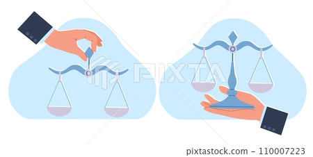 Businessman hand holds scales. Libra measuring device with empty plates in balance. Justice symbol. compare weight and importance. Cartoon flat style isolated illustration. Vector law concept 110007223