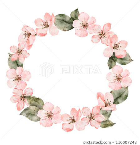 Wreath of watercolor pink flowers. Cherry blossom, flowering sakura, spring apple clipart. Hand drawn blooming floral illustration for pack, card, invitation, tags. Wreath of watercolor pink flowers. Cherry blossom, flowering sakura, spring apple clipart. Hand drawn blooming floral illustration for pack, card, invitation, tags. 110007248