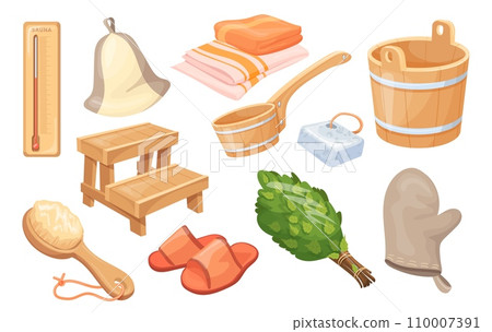 Sauna accessories. Finland bathhouse healthy spa cartoon elements, wooden bucket and bench green broom white towel bath hat 110007391