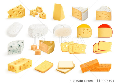 Realistic cheese pieces. 3d triangle piece cheeses collection, hard cheddar chunk with holes, edam sliced block parmesan holland 110007394