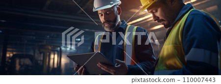 Engineer and worker use tablet Engineer and worker use tablet 110007443