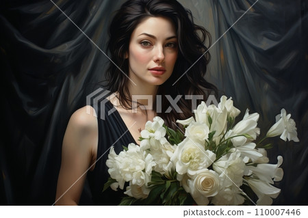 Girl with a bouquet of white lilies 110007446