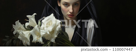 Girl with a bouquet of white lilies 110007447