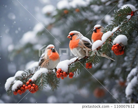 Beautiful bright birds sit on a rowan branch in snowy winter. 110007612