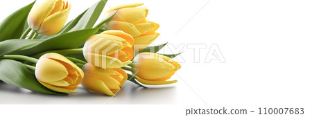 AI-generated content. Beautiful flowers, yellow tulips, white background. Postcard template Women's Day, March 8, Nurse's Day 110007683