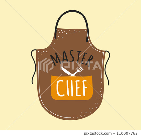 Master chef apron. Restaurant logo, emblem or menu cover. kitchen isolated hand drawn element. Bakery cookery badge. Sticker design, fork and knife. Label template. Vector illustration 110007762