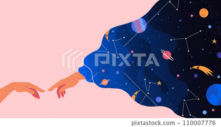 Adam creation. Hands touch in cloud. Cosmos science dream. God together in space galaxy. Universe stars or planets. Arms connect. Creative imagination. Night sky. Vector abstract concept Adam creation. Hands touch in cloud. Cosmos science dream. God together in space galaxy. Universe stars or planets. Arms connect. Creative imagination. Night sky. Vector abstract concept 110007776