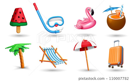 3D beach icons. Summer sun travel. Sea holiday. Inflatable flamingo toy or ball. Sweet food. Watermelon ice cream. Cocktail coconut drink. Sunbathing lounge and umbrella. Vector cartoon set 110007782