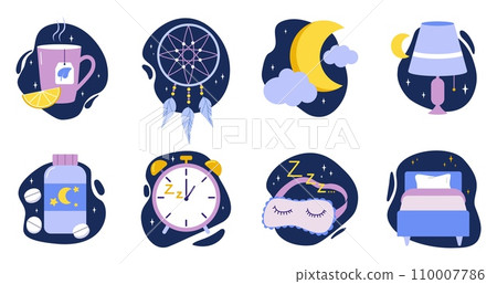Night sleep. Nighttime relaxation. Bed pillow. Tea for relax. Dream catcher with feathers. Alarm clock. Goodnight cute drawing. Comfort in sky. Sleeping pill. Napping time vector set 110007786