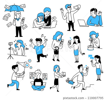 Doodle people. Sketch line characters. Social media influencer. Adult couple meeting. Online communication. Dating app. Spam letters. Phone messenger. Vector cartoon drawing persons set Doodle people. Sketch line characters. Social media influencer. Adult couple meeting. Online communication. Dating app. Spam letters. Phone messenger. Vector cartoon drawing persons set 110007795