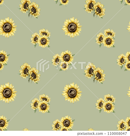 seamless pattern with sunflowers bouquet watercolor hand painted. Yellow flowers composition. Hand painted isolated on white background. Floral illustration for summer or autumn natural plant twigs seamless pattern with sunflowers bouquet watercolor hand painted. Yellow flowers composition. Hand painted isolated on white background. Floral illustration for summer or autumn natural plant twigs 110008047