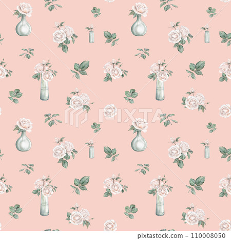 Light peach fuzz color roses seamless pattern. Cream roses arrangement. collection garden flowers and leaves. watercolor hand painting illustration on isolate background. For wedding invitations 110008050