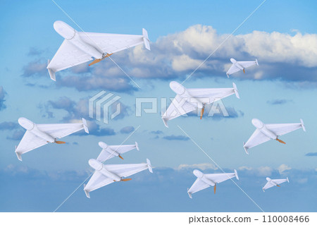 Many Kamikaze Drones, military drones flying in the sky. 3D rendering 110008466