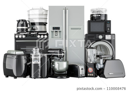 Set of kitchen appliances, silver and black colors. 3D rendering 110008476