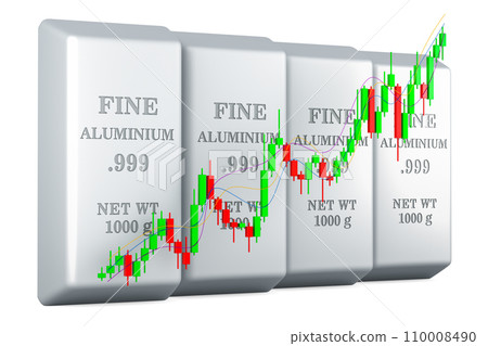 Aluminium ingots with candlestick chart, showing uptrend market. 3D rendering 110008490