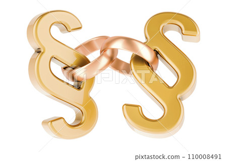 Wedding gold rings with section, paragraph symbols. 3D rendering Wedding gold rings with section, paragraph symbols. 3D rendering 110008491