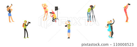 Professional Photographer with Camera Take Photo Vector Set 110008523