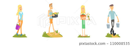 Man and Woman Local Farmer Character with Crop Vector Set 110008535
