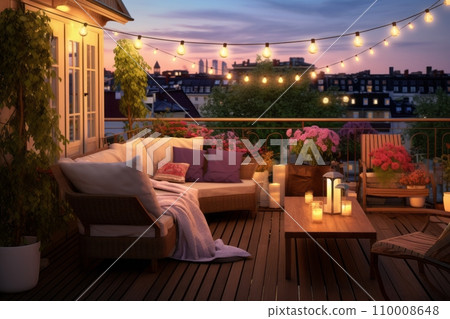 Terrace with sofa and lights and table lamps 110008648