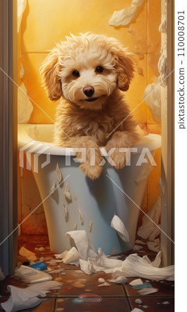 Mischievous dog chewed and scattered toilet paper Mischievous dog chewed and scattered toilet paper 110008701