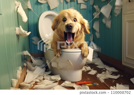 Mischievous dog chewed and scattered toilet paper 110008702