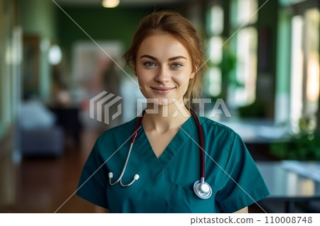 Woman doctor or nurse in green uniform 110008748