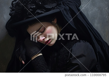 Widow in mourning attire cries over the coffin 110008795