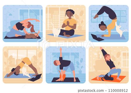 Yoga training concept with people situation set in flat web design. Bundle scenes with multiethnic diverse characters doing asanas or stretch exersices, sit in meditation pose. Vector illustrations. 110008912