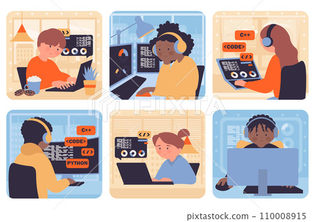 Programming concept with people situation set in flat web design. Bundle scenes with multiethnic diverse characters coding and creating software at computer and laptop in office. Vector illustrations. Programming concept with people situation set in flat web design. Bundle scenes with multiethnic diverse characters coding and creating software at computer and laptop in office. Vector illustrations. 110008915