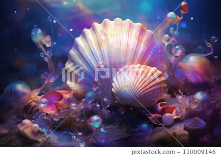 Starfish and various seashells macro background. Sshells have different shapes, colors and textures, creating stunning pattern. Mermaidcore aesthetic, marine life, fantasy, fashion and beauty concept 110009146