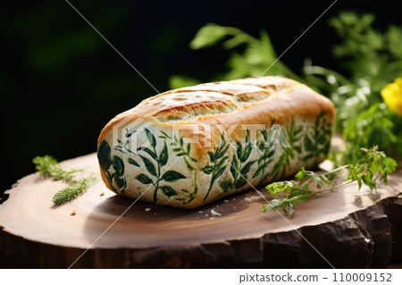 Painted bread close up decorated with herbs. Freshly baked handmade sourdough bread 110009152