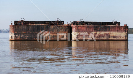 Two barges are anchored at Danube river Two barges are anchored at Danube river 110009189