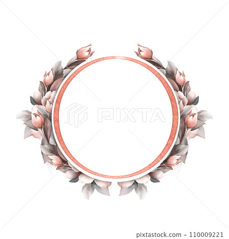 Floral round frame with flowers and leaves. Hand drawn, isolated on a white background. For wedding invitations, holiday cards and other design. 110009221