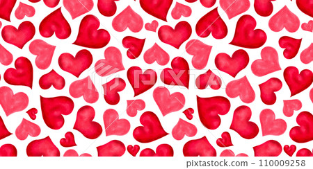 Seamless pattern for Valentine's Day. Background of pink, red hearts. For design decoration for mother's day, friends, girlfriends, singles day, weddings. Hand drawn isolated watercolor illustration. 110009258