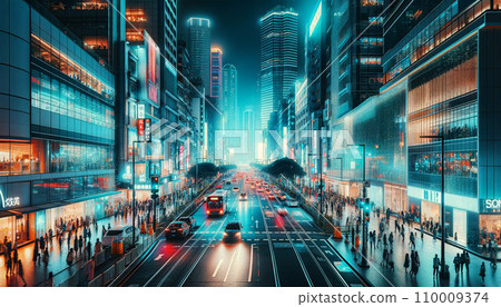 City street illuminated by neon lights and crowded with pedestrians and cars 110009374