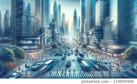 Urban intersection lined with high-rise buildings, crowded with cars and pedestrians 110009488