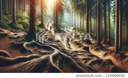 Panoramic view of mountain biking trail through the forest 110009490